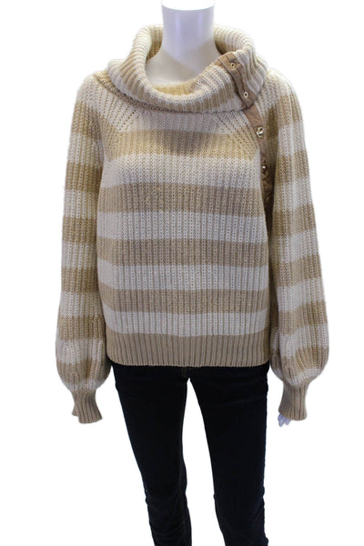 Derek Lam Collective Wool Striped Collared Thick-Knit Sweater Beige Size XL