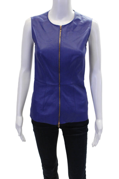Cedric Charlier Womens Vegan Leather Zip Front Crew Neck Blouse Top Blue Size 4