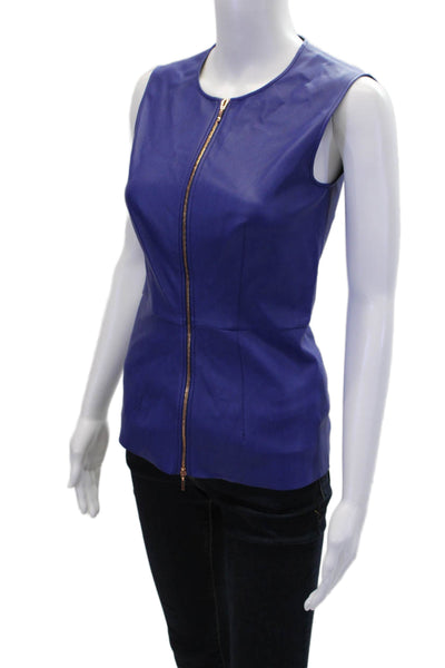 Cedric Charlier Womens Vegan Leather Zip Front Crew Neck Blouse Top Blue Size 4