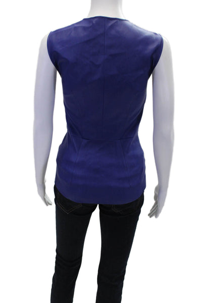 Cedric Charlier Womens Vegan Leather Zip Front Crew Neck Blouse Top Blue Size 4