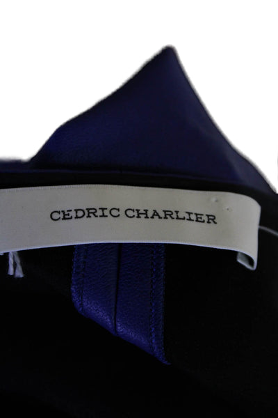 Cedric Charlier Womens Vegan Leather Zip Front Crew Neck Blouse Top Blue Size 4