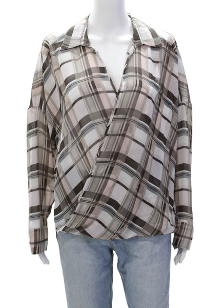 Vince Camuto Womens Plaid Collared V-Neck Long Sleeve Blouse Top Pink Size M