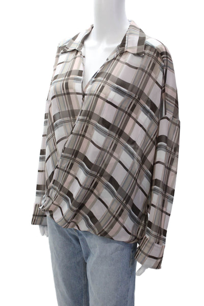 Vince Camuto Womens Plaid Collared V-Neck Long Sleeve Blouse Top Pink Size M