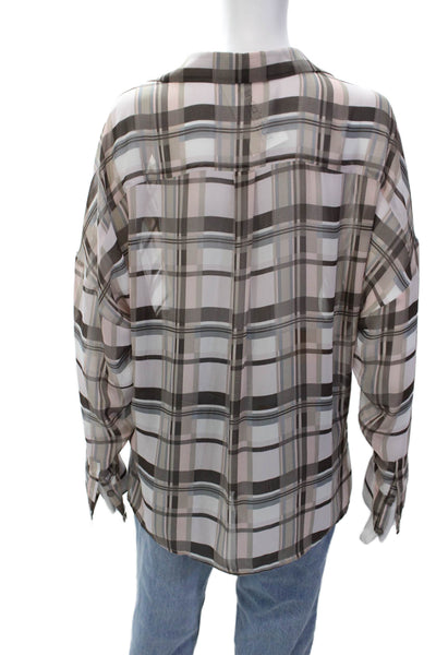 Vince Camuto Womens Plaid Collared V-Neck Long Sleeve Blouse Top Pink Size M