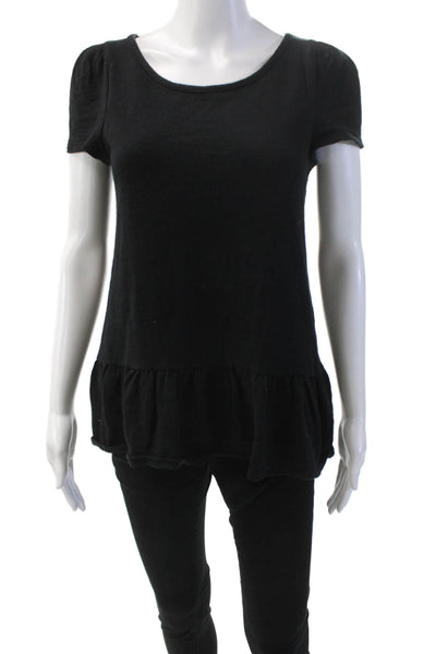 Leifnotes Womens Cotton Short Sleeve Gathered Ruffled Hem Top Black Size XS