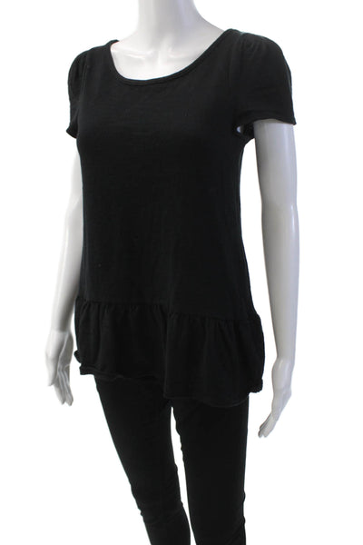 Leifnotes Womens Cotton Short Sleeve Gathered Ruffled Hem Top Black Size XS