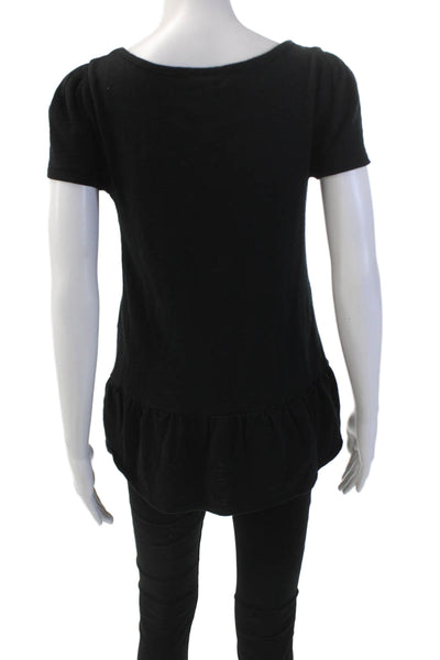 Leifnotes Womens Cotton Short Sleeve Gathered Ruffled Hem Top Black Size XS