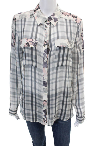 Paige Womens Silk Plaid and Floral Printed Buttoned Collared Blouse White Size S