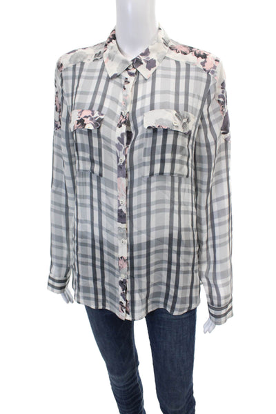 Paige Womens Silk Plaid and Floral Printed Buttoned Collared Blouse White Size S