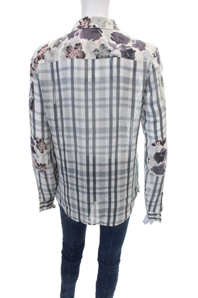 Paige Womens Silk Plaid and Floral Printed Buttoned Collared Blouse White Size S