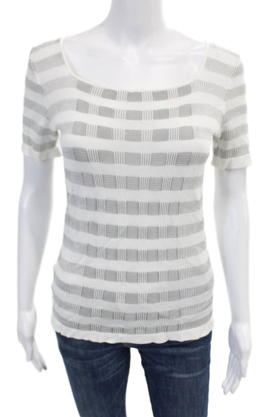 Armani Collezioni Womens Knit Stripe Printed Short Sleeve Blouse White Size 2