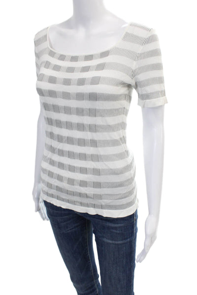 Armani Collezioni Womens Knit Stripe Printed Short Sleeve Blouse White Size 2
