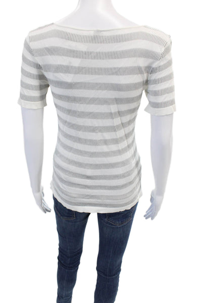 Armani Collezioni Womens Knit Stripe Printed Short Sleeve Blouse White Size 2
