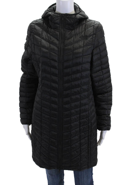 The North Face Womens Front Zip Down Quilted Hooded Jacket Black Size Large