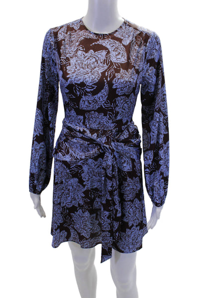 Shoshanna Womens Back Zip Long Sleeve Floral Satin Dress Brown Purple Size 0