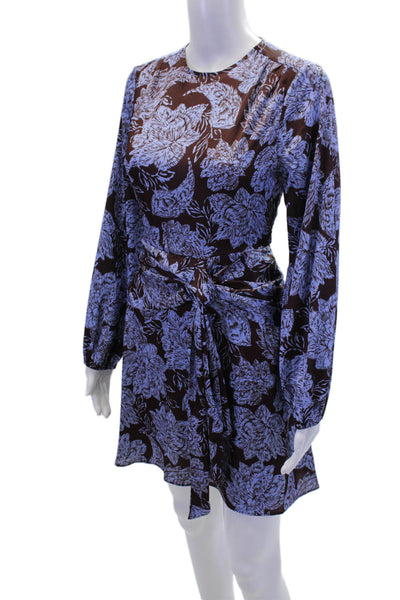 Shoshanna Womens Back Zip Long Sleeve Floral Satin Dress Brown Purple Size 0