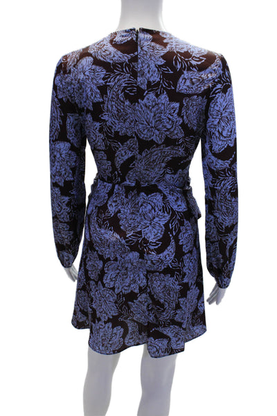 Shoshanna Womens Back Zip Long Sleeve Floral Satin Dress Brown Purple Size 0
