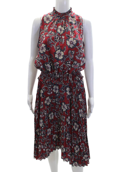 Shoshanna Womens Floral Print High Neckline Pleated Blouson Dress Maroon Size 4