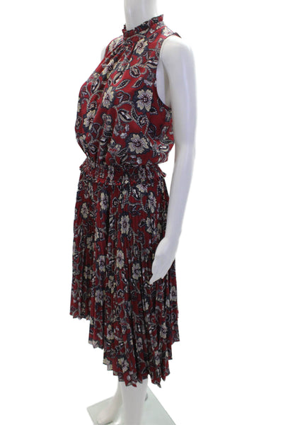 Shoshanna Womens Floral Print High Neckline Pleated Blouson Dress Maroon Size 4