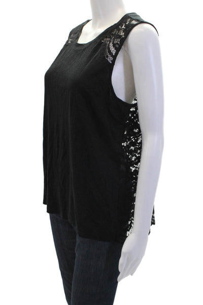 Generation Love Womens Linen Sheer Lace Back Round Neck Tank Top Black Size L
