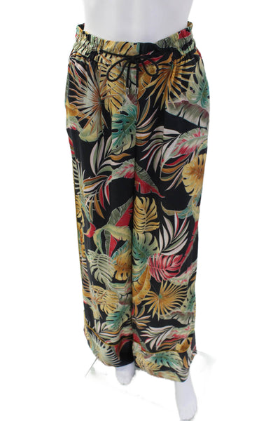 Petersyn Womens Leaf Print Wide Leg Pants Black Multi Colored Size Medium