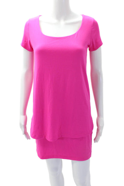 Susana Monaco Womens Short Sleeves Tiered Shirt Dress Neon Pink Size Small