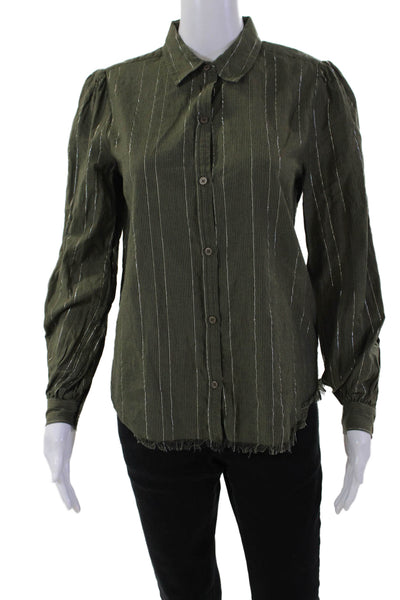 Lilla P Womens Cotton Striped Collar Long Sleeve Button Down Shirt Green Size S