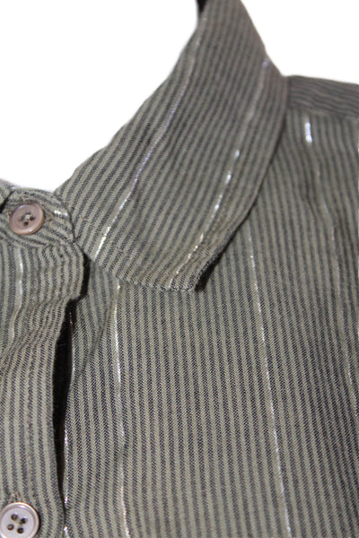 Lilla P Womens Cotton Striped Collar Long Sleeve Button Down Shirt Green Size S