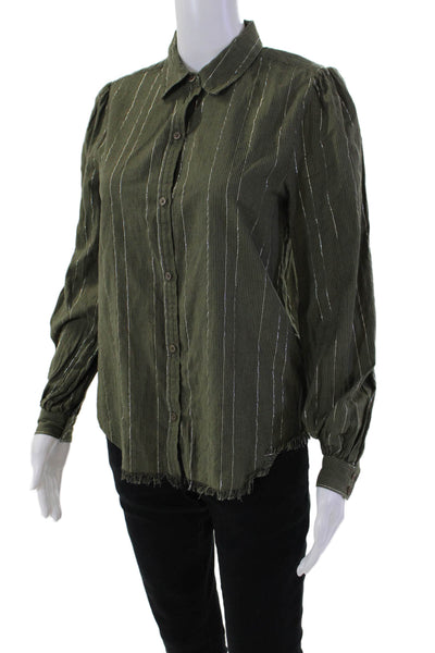 Lilla P Womens Cotton Striped Collar Long Sleeve Button Down Shirt Green Size S