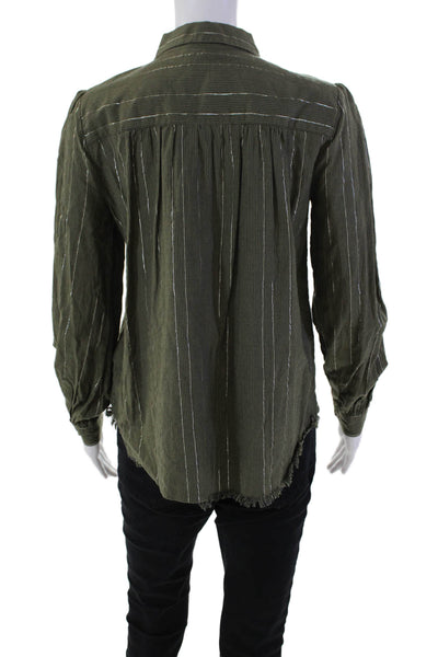 Lilla P Womens Cotton Striped Collar Long Sleeve Button Down Shirt Green Size S