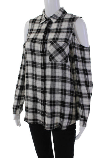 Drew Womens Plaid Collar Cold Shoulder Long Sleeve Blouse Top Black Size S