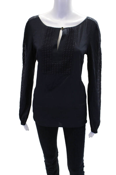 Tory Burch Womens Long Sleeve Scoop Neck Embroidered Silk Top Navy Blue Size 8