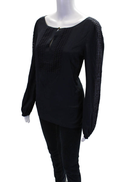 Tory Burch Womens Long Sleeve Scoop Neck Embroidered Silk Top Navy Blue Size 8