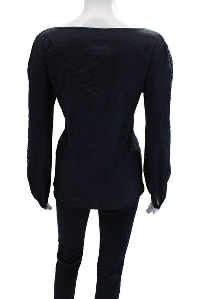 Tory Burch Womens Long Sleeve Scoop Neck Embroidered Silk Top Navy Blue Size 8