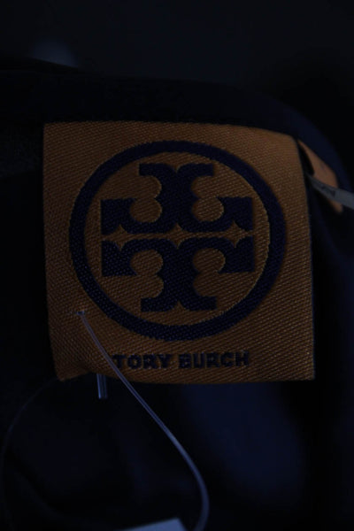 Tory Burch Womens Long Sleeve Scoop Neck Embroidered Silk Top Navy Blue Size 8