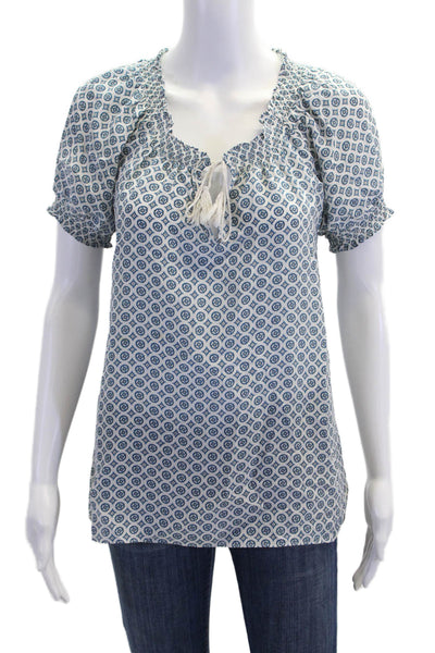 Joie Womens Short Sleeve Keyhole Abstract Silk Blouse White Blue Size Small