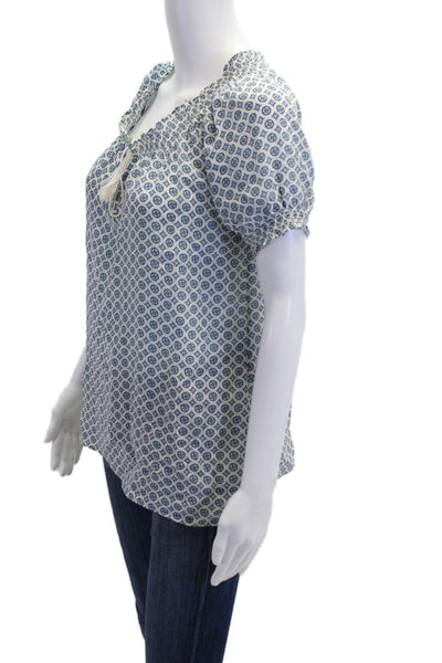 Joie Womens Short Sleeve Keyhole Abstract Silk Blouse White Blue Size Small