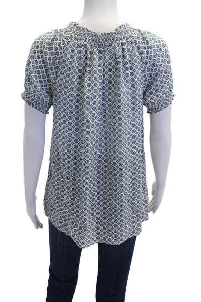 Joie Womens Short Sleeve Keyhole Abstract Silk Blouse White Blue Size Small