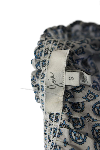 Joie Womens Short Sleeve Keyhole Abstract Silk Blouse White Blue Size Small