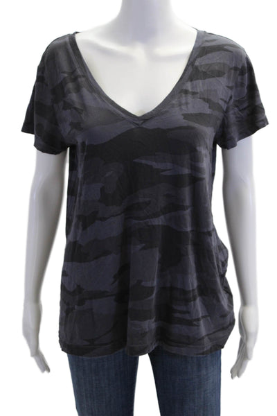 Splendid Womens Short Sleeve V Neck Camouflage Tee Shirt Blue Cotton Size Medium