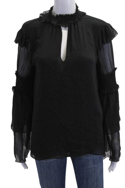 Parker Womens Long Sleeve Smocked Trim Keyhole Silk Top Black Size Medium