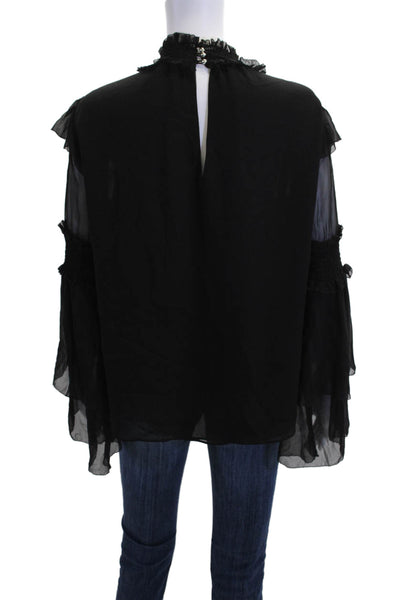 Parker Womens Long Sleeve Smocked Trim Keyhole Silk Top Black Size Medium