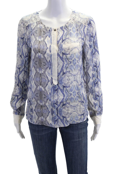 Rebecca Taylor Womens Long Sleeve Scoop Neck Silk Snake Print Top Blue Size 2