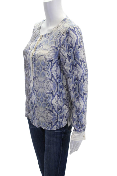 Rebecca Taylor Womens Long Sleeve Scoop Neck Silk Snake Print Top Blue Size 2