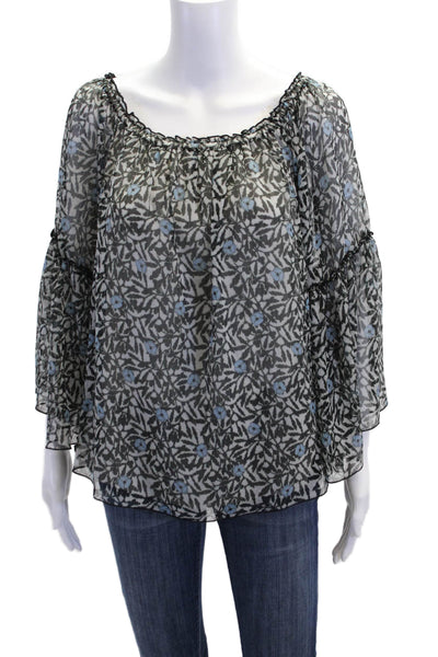 Bailey 44 Womens Long Sleeve Off Shoulder Floral Blouse White Black Blue Medium