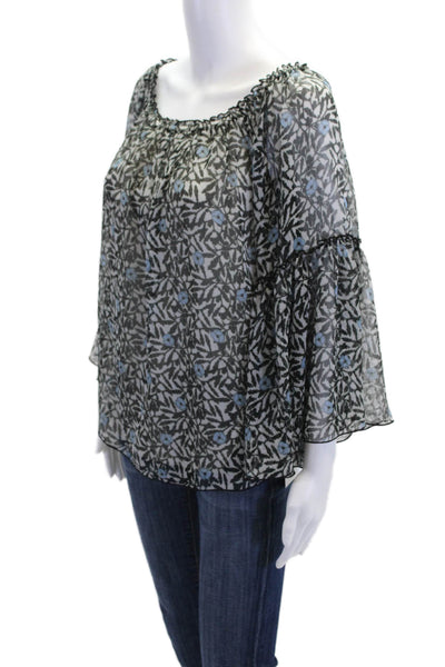 Bailey 44 Womens Long Sleeve Off Shoulder Floral Blouse White Black Blue Medium