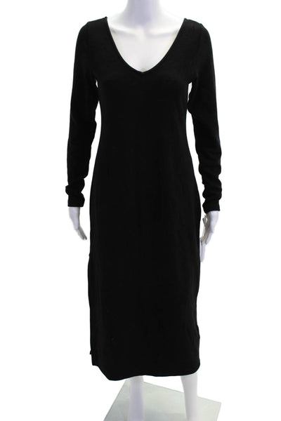 Stateside Womens V-neck Long Sleeve Slit Knit Midi Sweater Dress Black Size M