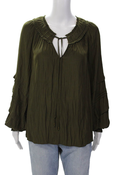 Ramy Brook Womens Textured Long Sleeve V-neck Lined Blouse Green Size S