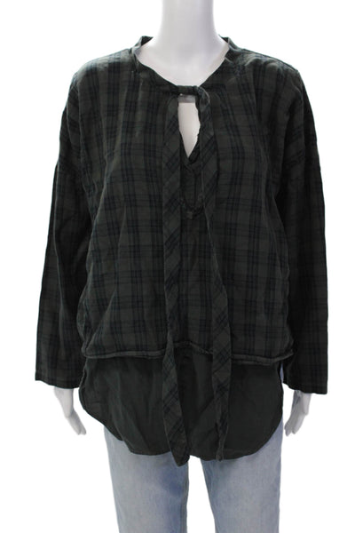 D-DueLab Long Sleeve V Neck Plaid T Shirt Green Size 38
