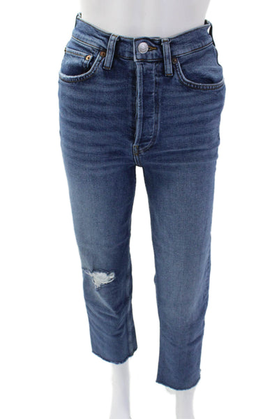 Re/Done Womens Medium Wash Button Flt Distressed Straight Leg Jeans Blue Size 26